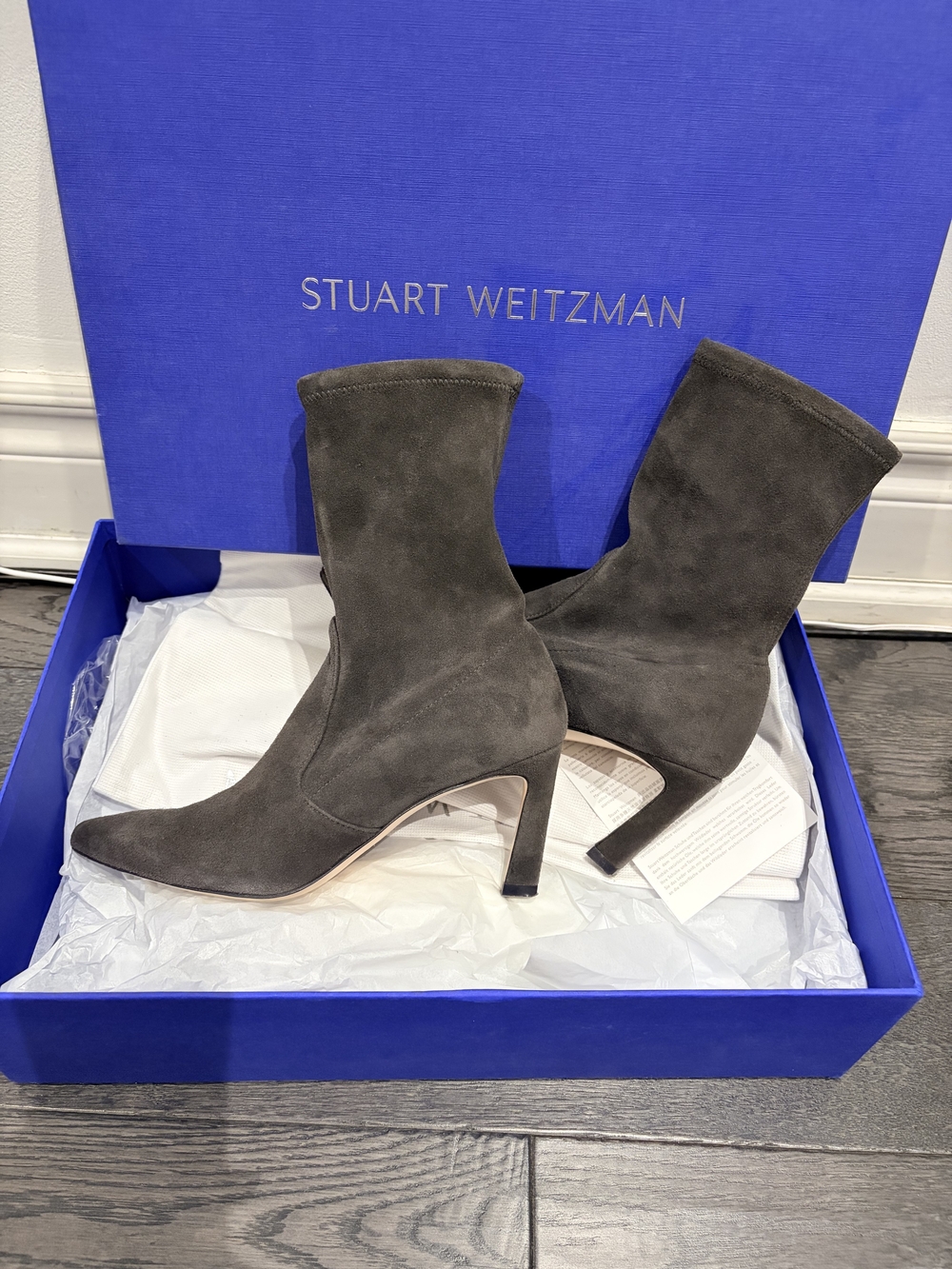Stuart Weitzman Charcoal Suede Pointed Sock Boots
